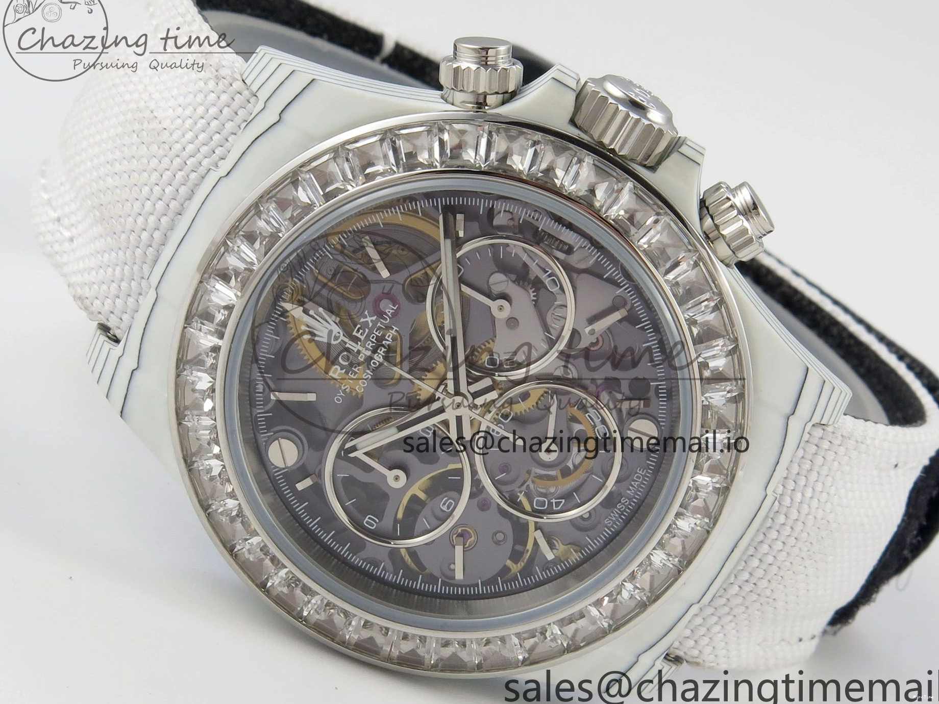 MiroTime 0110 Daytona Cosmograph White Carbon MPF Best Blaken Skeleton Dial on White Nylon Strap A FreshLook 314